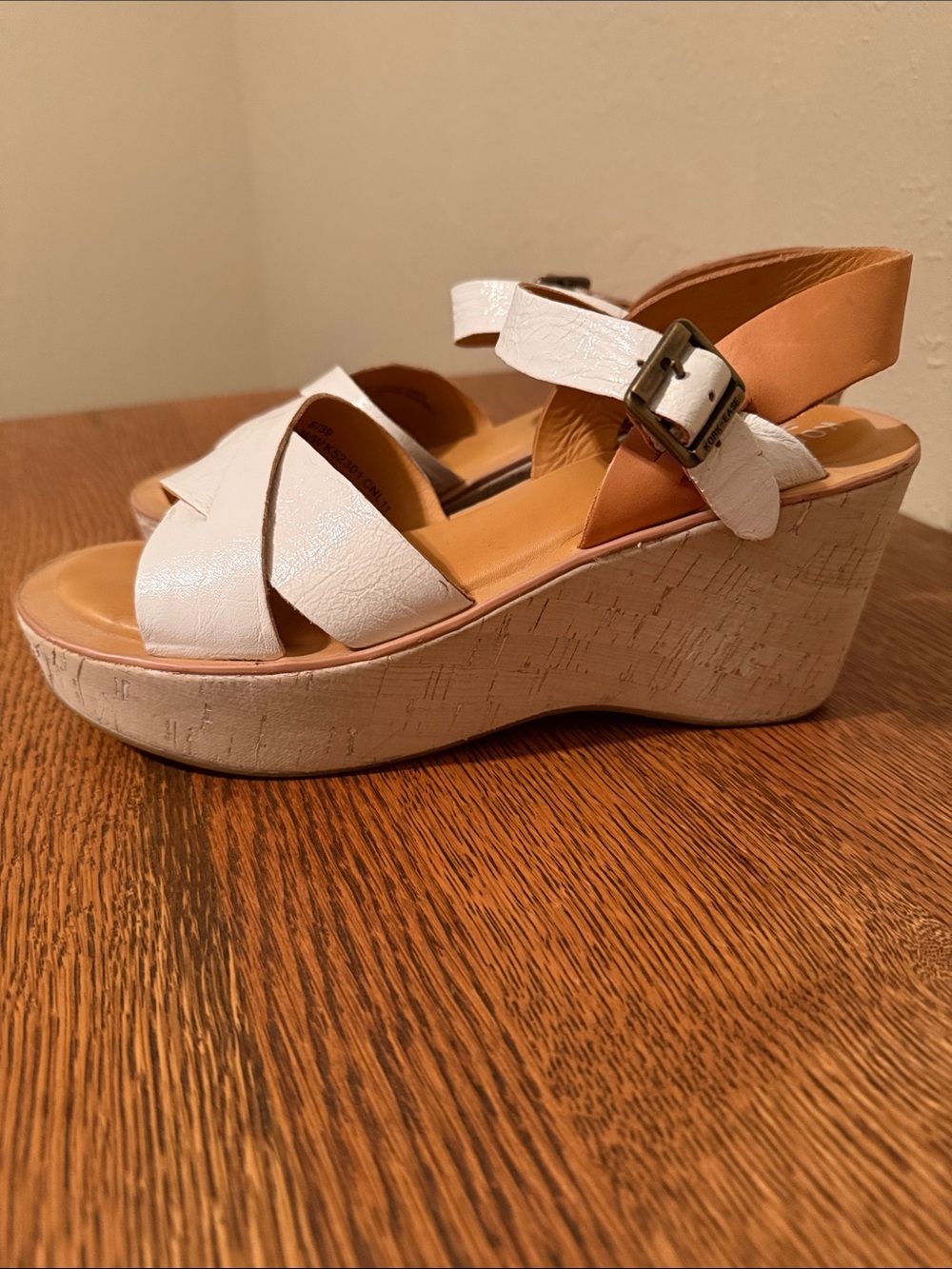 Kork-Ease White Leather Crisscross Wedge Sandals with Tan Ankle Strap - Picture 4 of 5